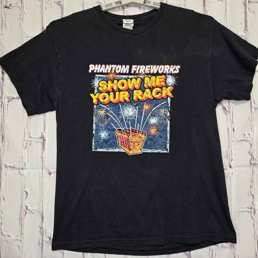 Fireworks Show Me Your Rack July 4th Graphic Shirt Mens Large Black Double Sided